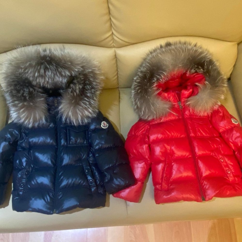 TWO MONCLER KIDS K2 UNISEX DOWN JACKET NAVY BLUE RED FOX FUR Size 2 2T 2Y